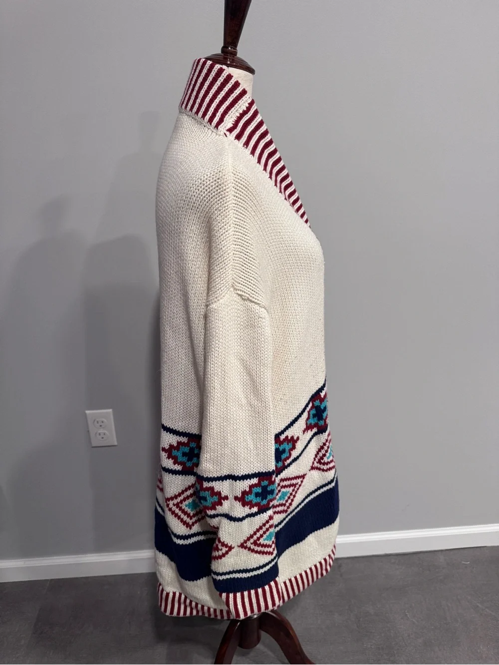 Marine Layer Ivory Open-Front Long Cardigan with Geometric Print M/L